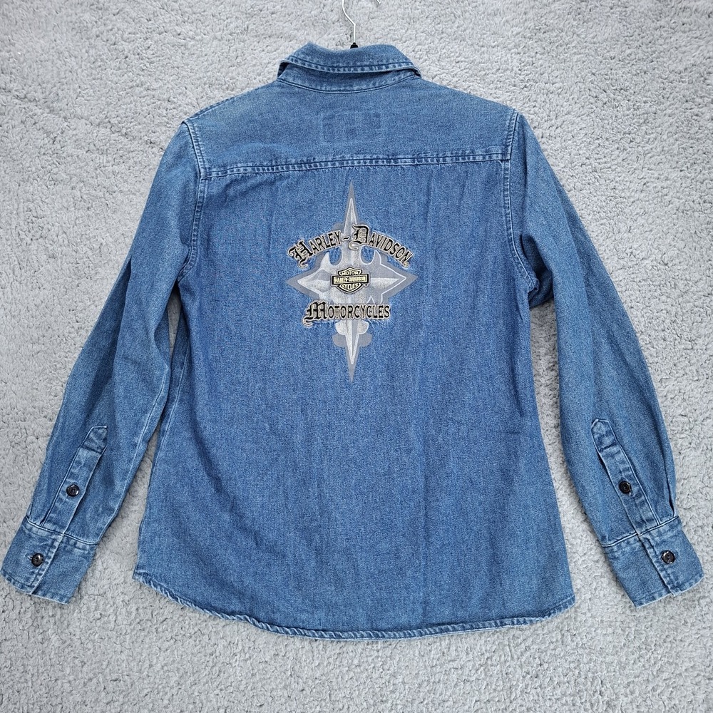 VTG Harley Davidson Denim Shirt XS Womens‎ Long Sleeve Button Up Embroidered